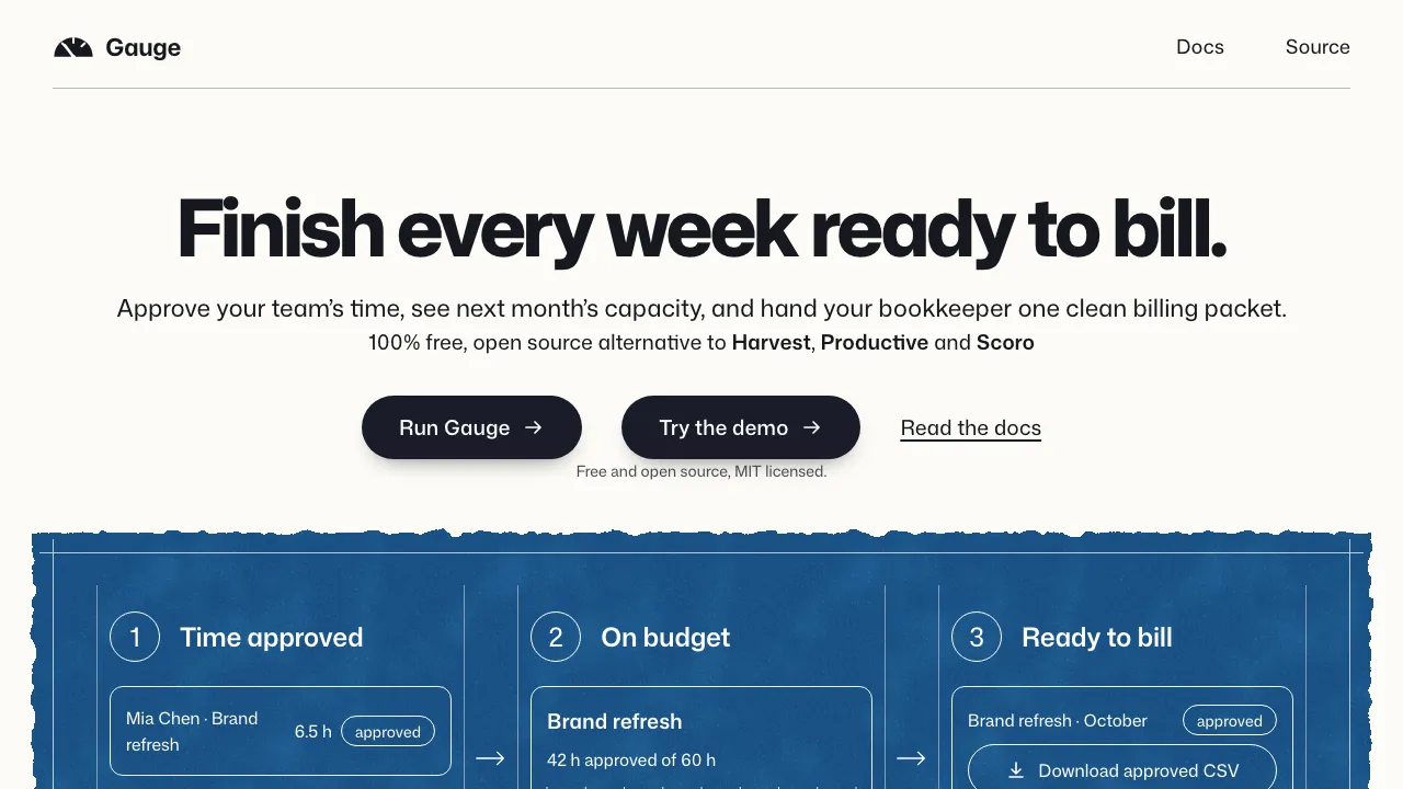 The Gauge homepage, run-gauge.com
