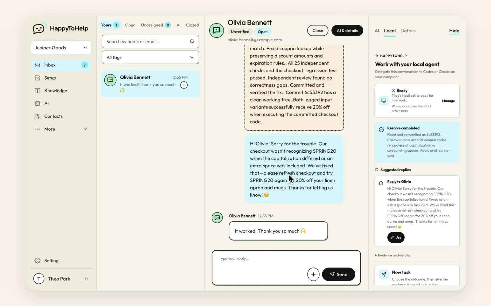 The HappyToHelp inbox with a customer conversation open beside the AI reply helper.