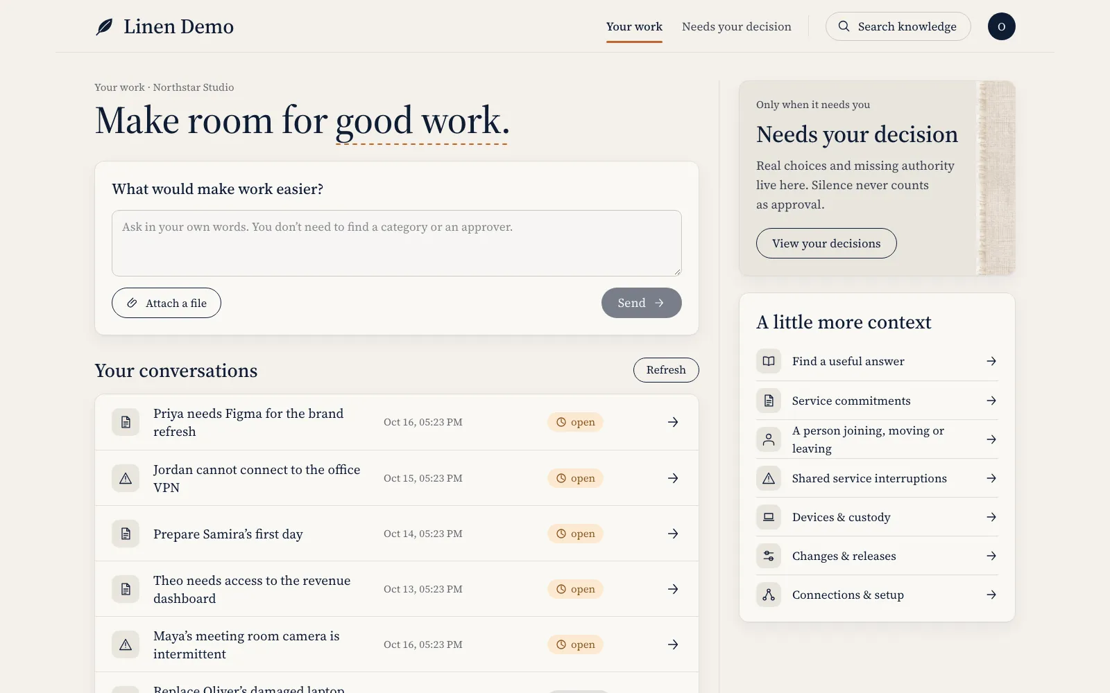 Linen's Your work page for Northstar Studio with a box to describe what would make work easier and a list of open IT requests and incidents.