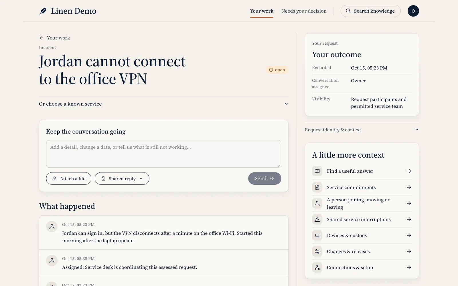 A Linen incident about Jordan's VPN dropping on office Wi-Fi, with the outcome panel and the conversation's history of what happened.