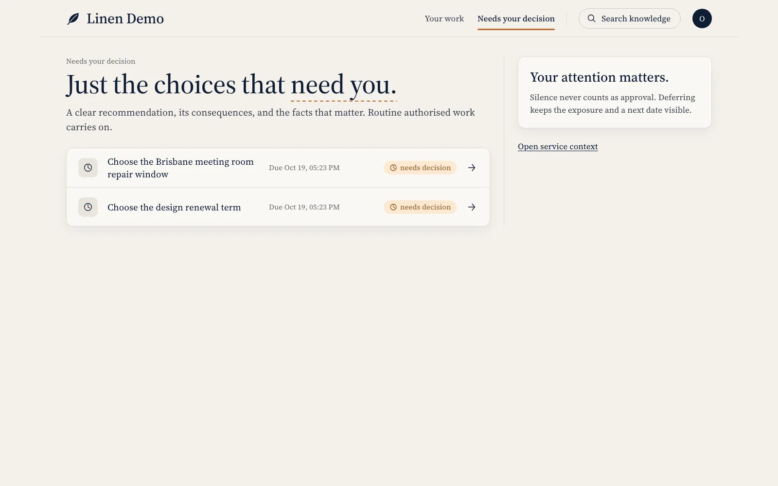 Linen's Needs your decision page listing two open choices, a Brisbane meeting room repair window and a design renewal term.