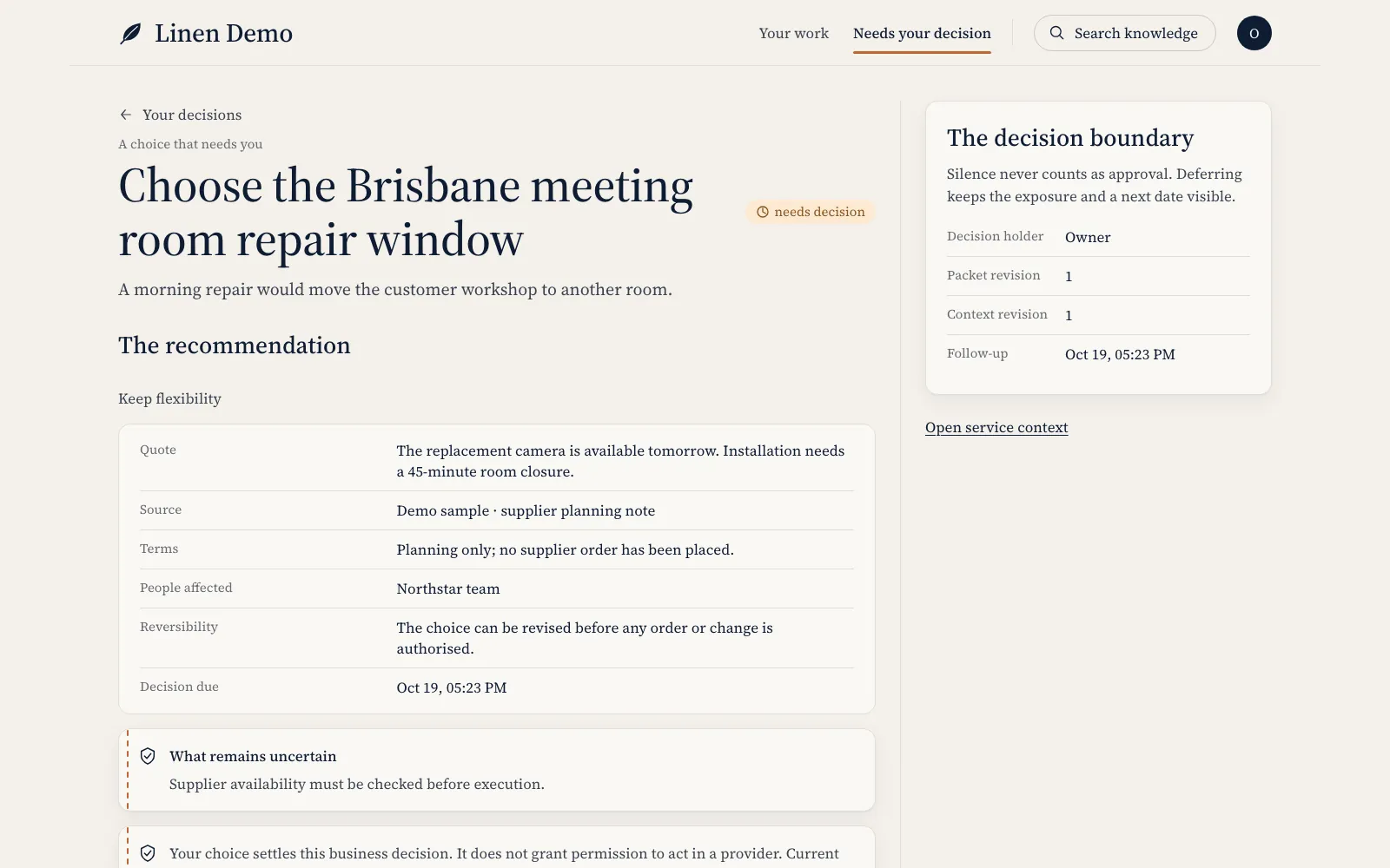 A Linen decision about repairing a meeting room camera, with the recommendation, quote, people affected, reversibility and what remains uncertain.