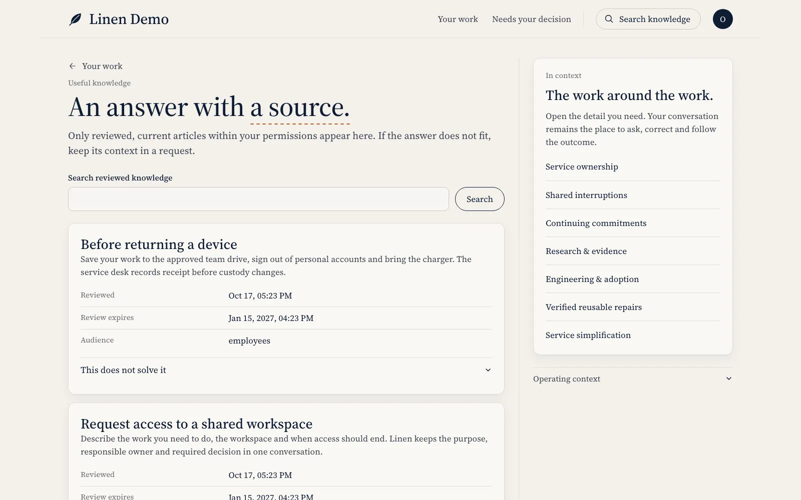 Linen's knowledge page with a search box and reviewed articles such as returning a device, each showing when it was reviewed and when it expires.