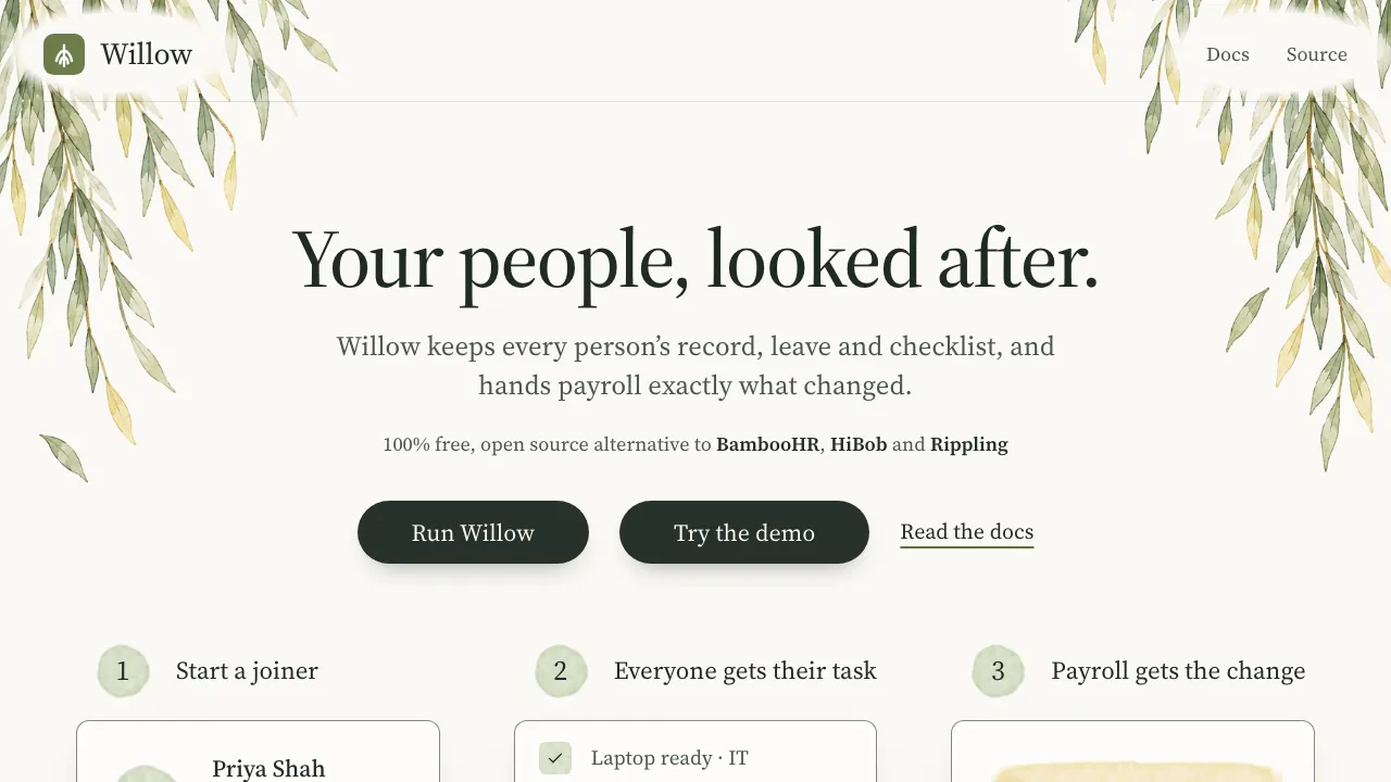 The Willow homepage, run-willow.com